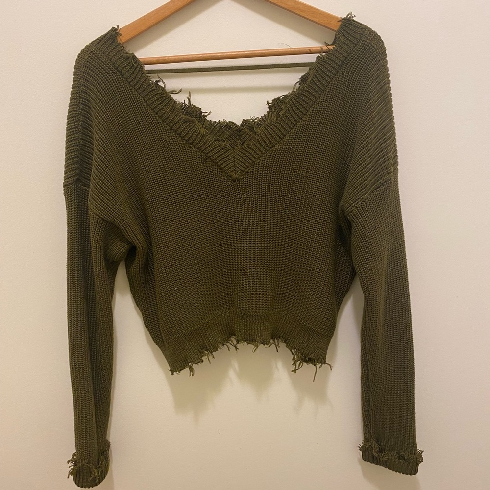 FOREVER 21 Green Long Sleeve Crop Top Sweater